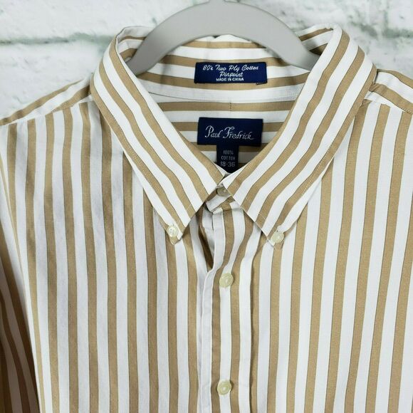 Paul Fredrick Shirt Pinpoint 80S Two-Ply Cotton Button Down Brown White 18/36 - Picture 2 of 6